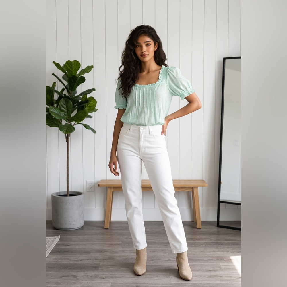 NWOT Mine @ Anthropology Mint Green Puff Sleeve Polka Dot Blouse